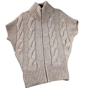 Elsamanda Sweater Womens Medium Beige Cable Knit Short Sleeve Full Zip Mock Neck